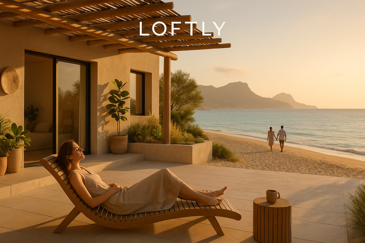 Sun-drenched Costa Blanca beach at golden hour, representing Loftly's ideal climate and lifestyle.