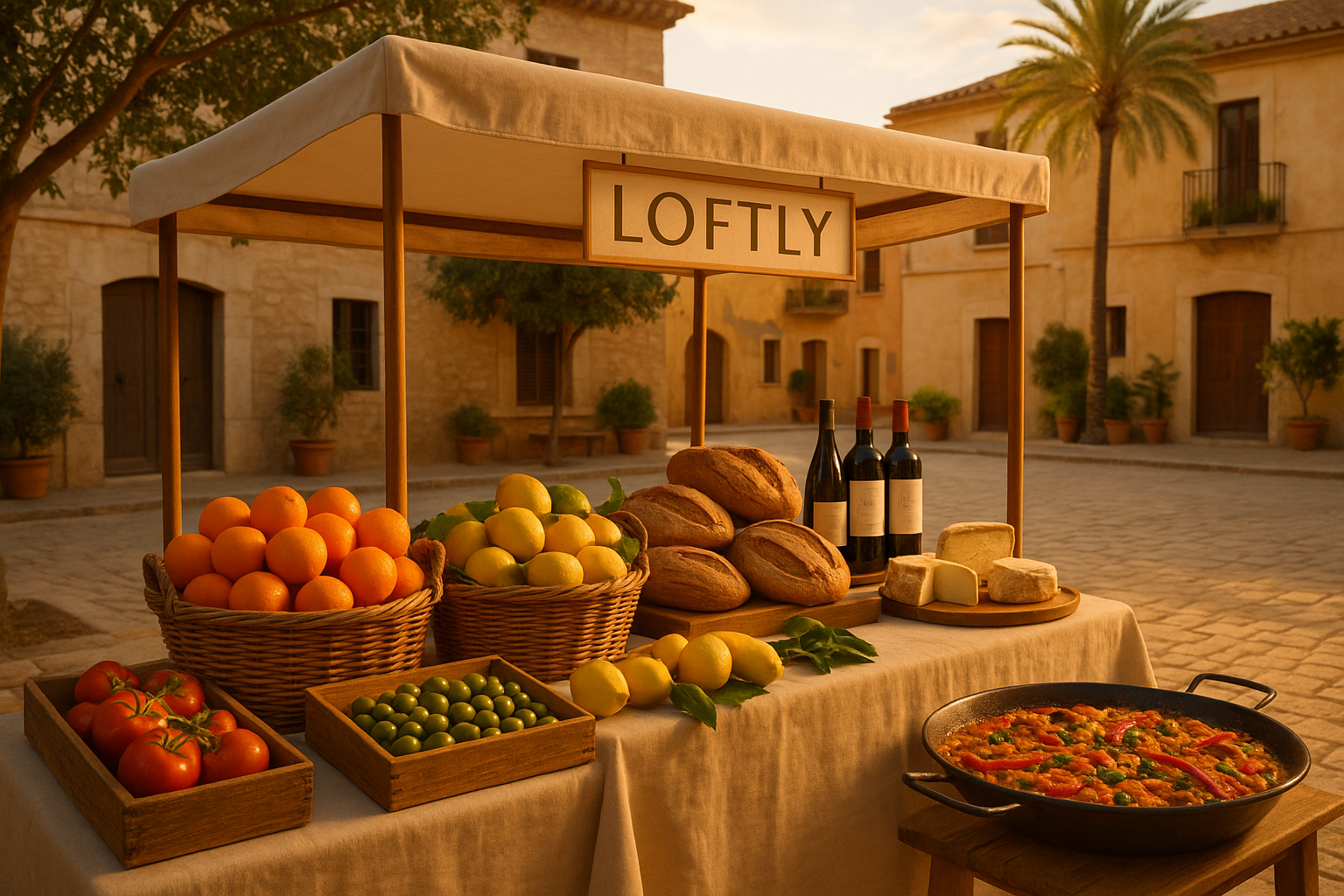 Vibrant Spanish food market stall showcasing fresh produce and local delicacies, illustrating Costa Blanca's rich gastronomy.
