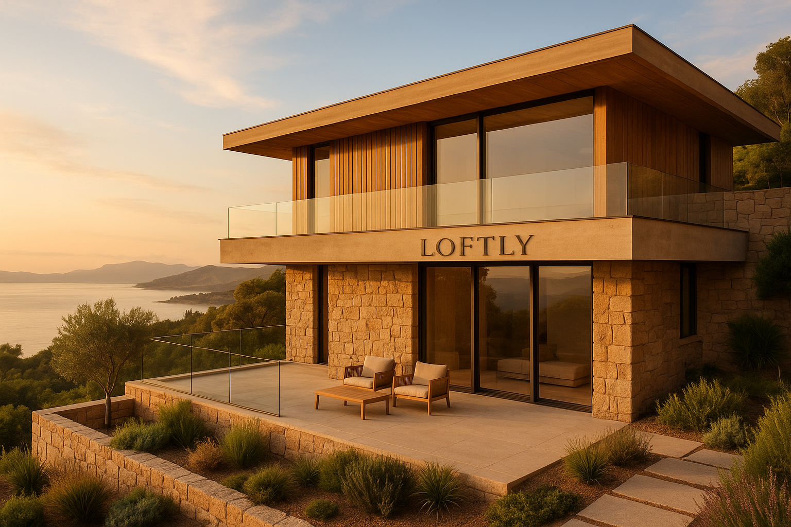 Loftly-style villa exterior with serene landscape view, highlighting investment potential.