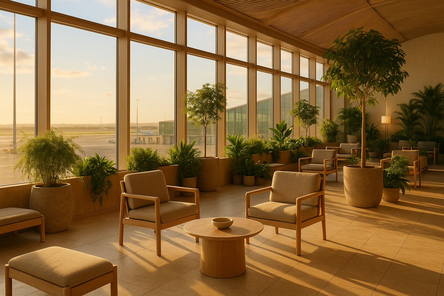 Modern airport lounge with natural light, symbolizing easy international connectivity to Costa Blanca.