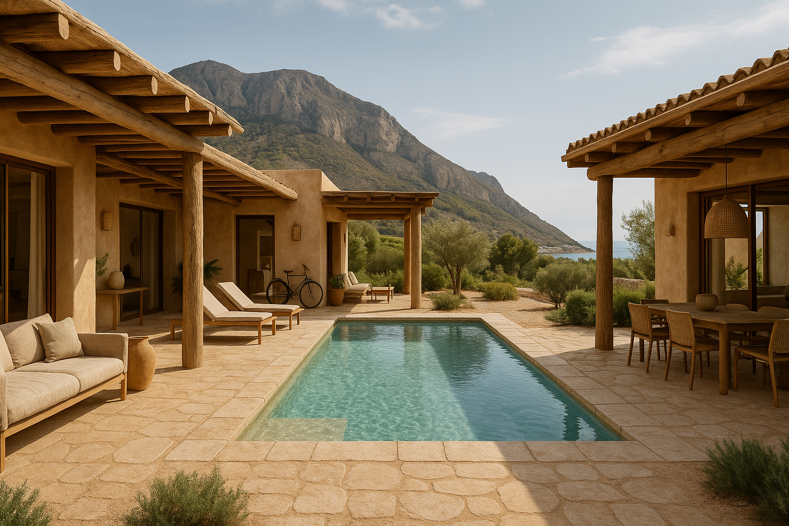 Photorealistic Loftly-style wellness villa in Alfaz del Pi, Spain, with mountain and sea views, hiking and cycling routes