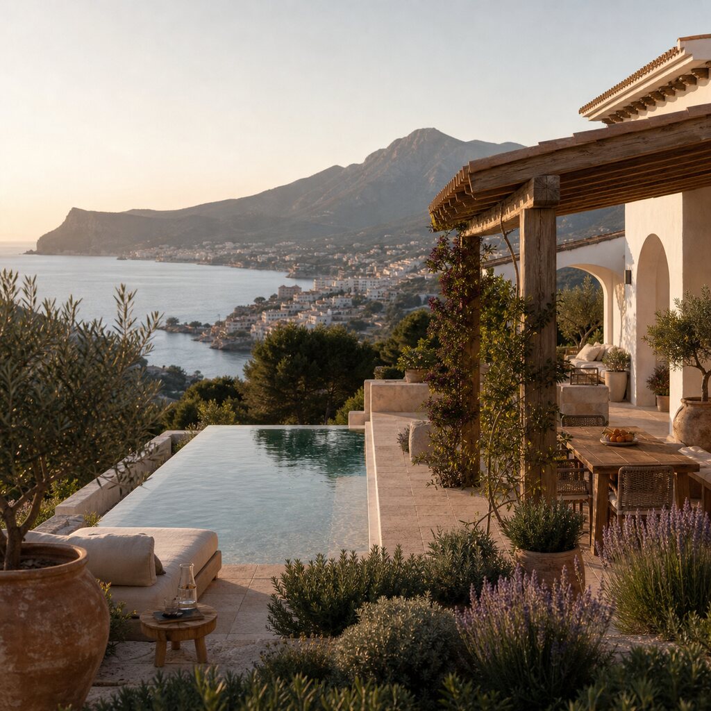 Photorealistic Loftly-style wellness villa in Altea, Spain, with bay and mountain views