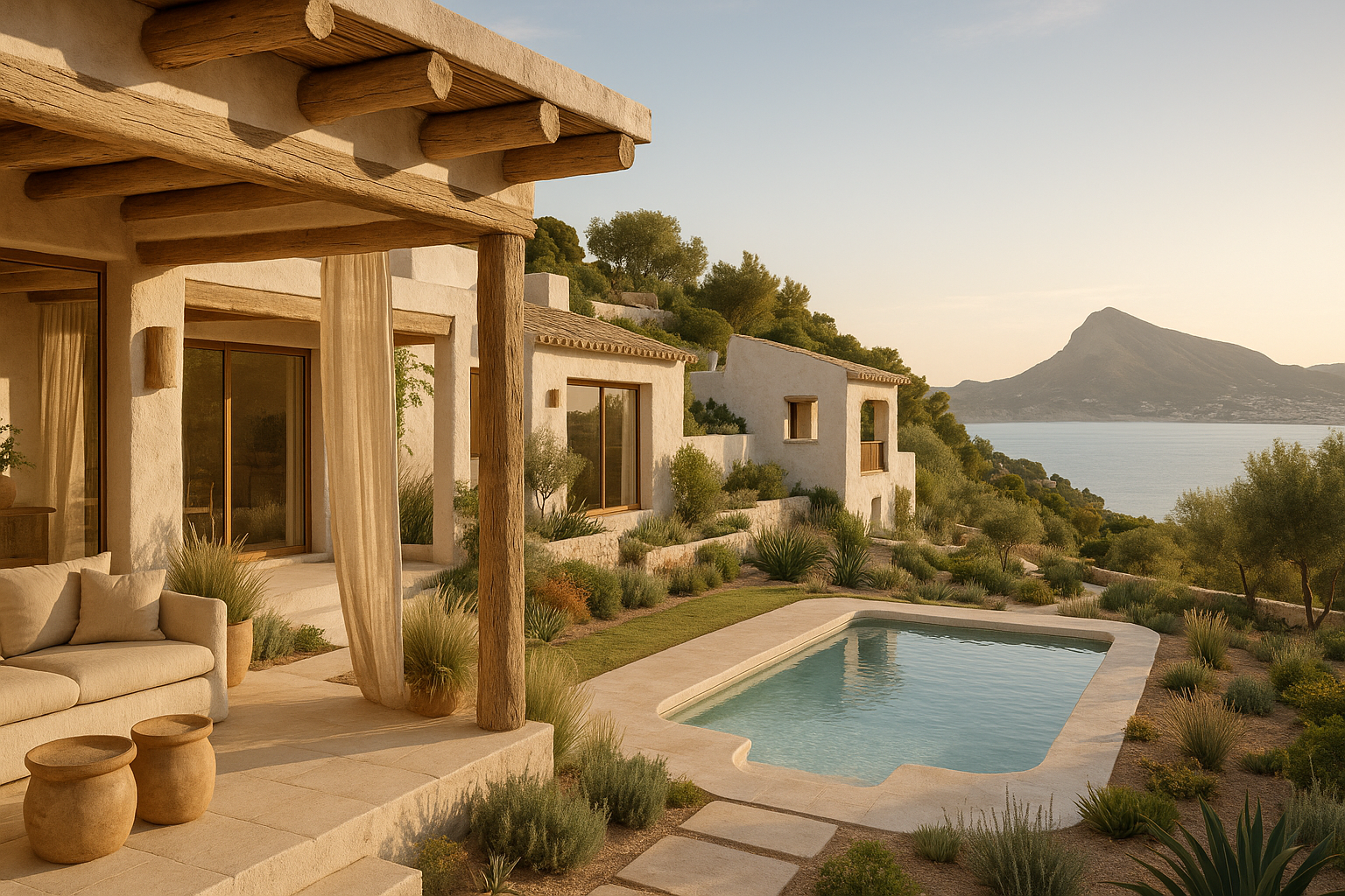 Photorealistic Loftly-style wellness villa in Altea Galera, Spain, with panoramic bay views and whitewashed architecture