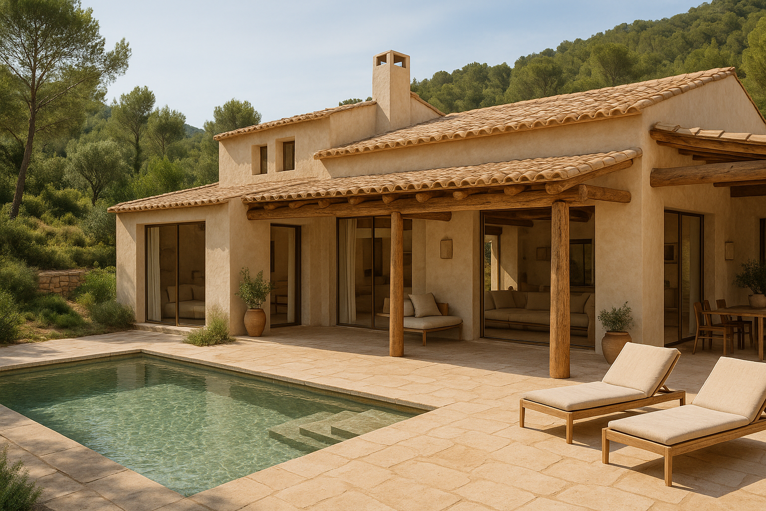 Photorealistic Loftly-style wellness villa in Altea La Vella, Spain, with lush green surroundings and nature trails