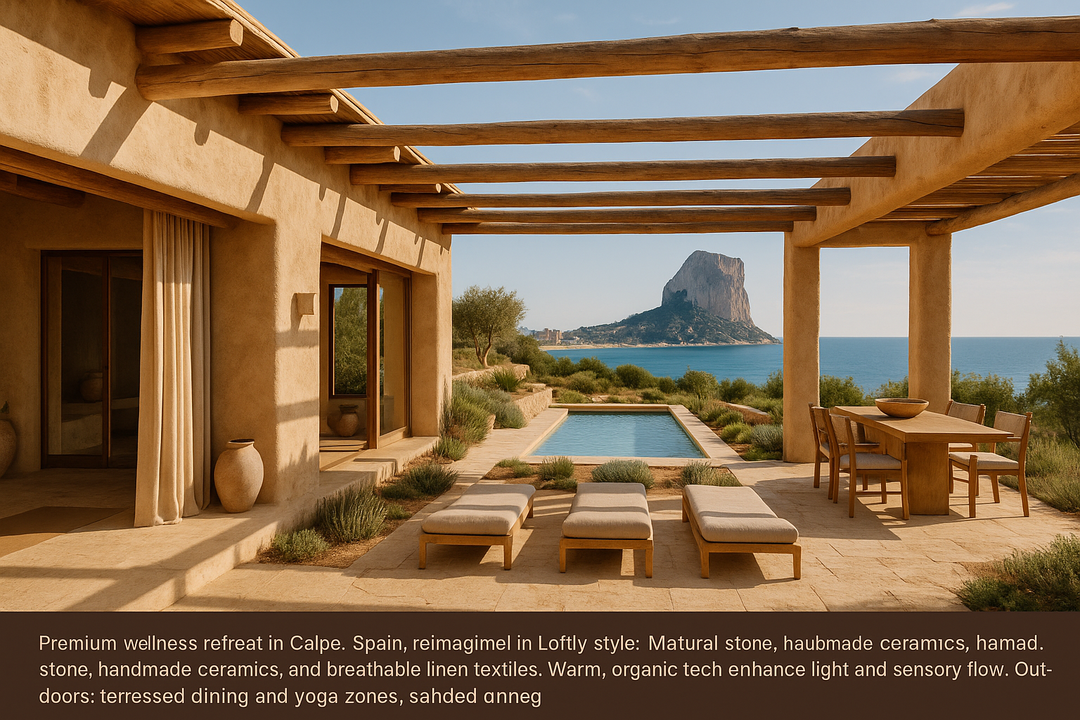 Photorealistic Loftly-style wellness villa in Calpe, Spain, with Peñón de Ifach and golden beaches