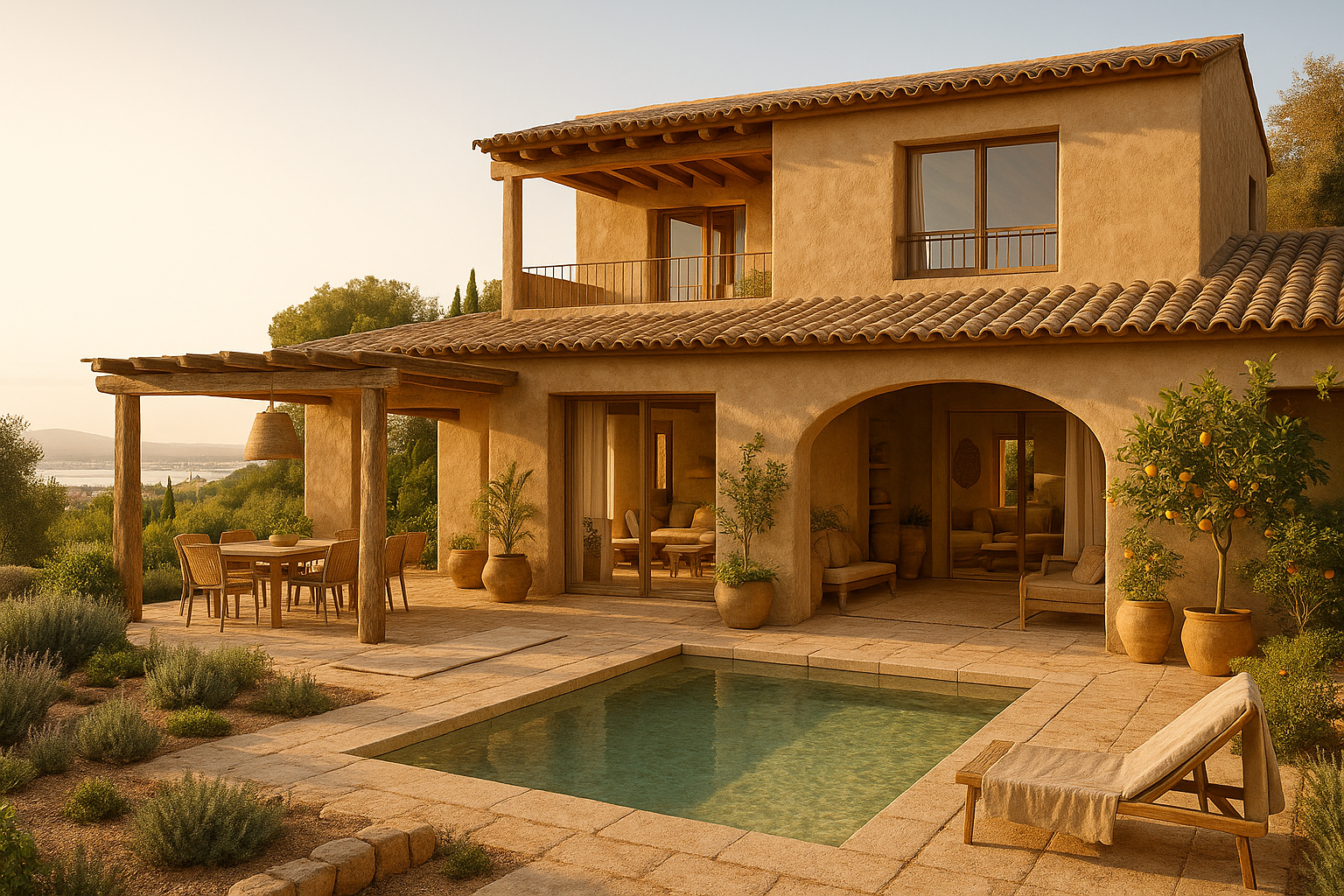 Photorealistic Loftly-style wellness villa in Denia, Spain, with Mediterranean port and gardens