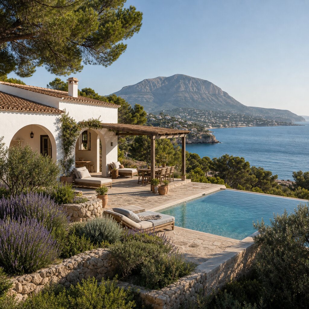 Photorealistic Loftly-style wellness villa in Javea, Spain, with Montgo mountain and cove views