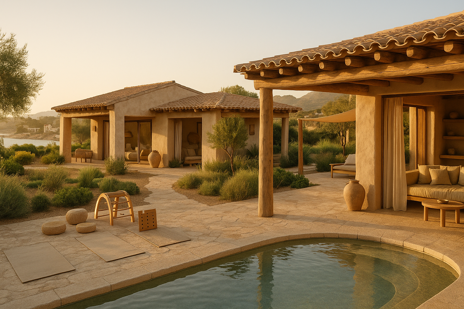 Photorealistic Loftly-style wellness villa in Moraira, Spain, with sandy coves and lush gardens