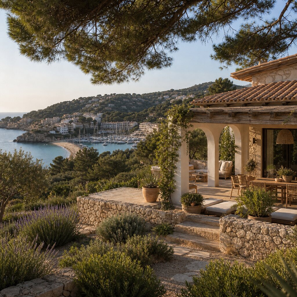 Photorealistic Loftly-style wellness villa in Moraira, Spain, with cove and village views