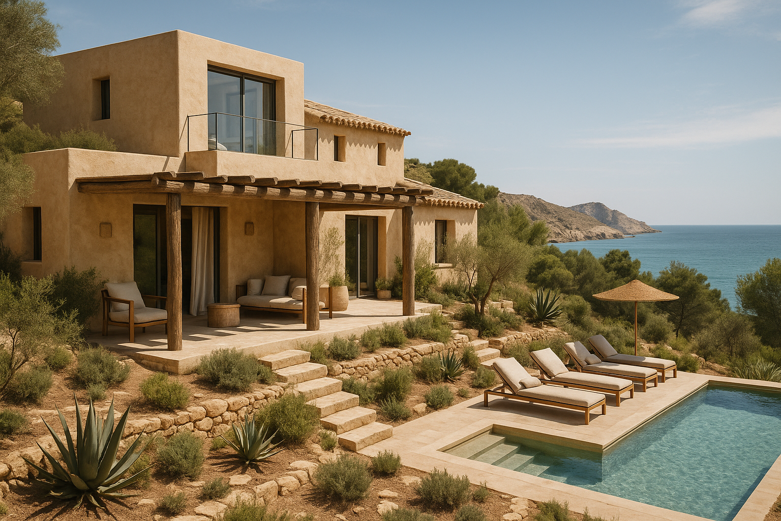 Photorealistic Loftly-style wellness villa in North El Campello, Spain, with eco hillside gardens and secluded coves