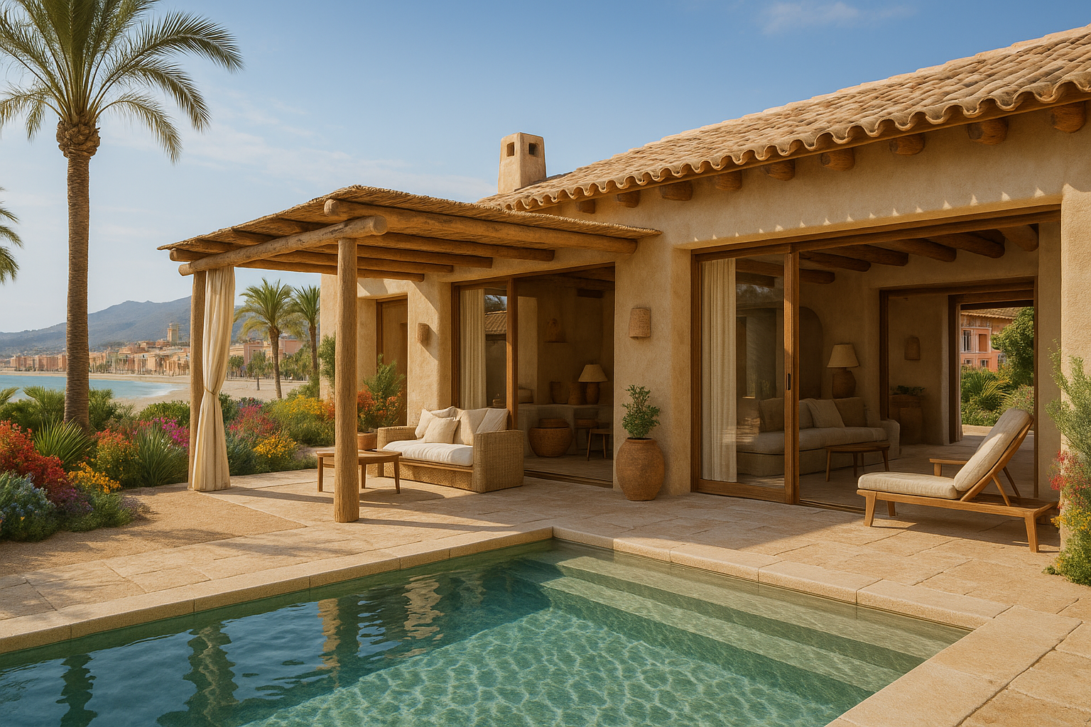 Photorealistic Loftly-style wellness villa in Villajoyosa, Spain, with colorful gardens and wide sandy beaches